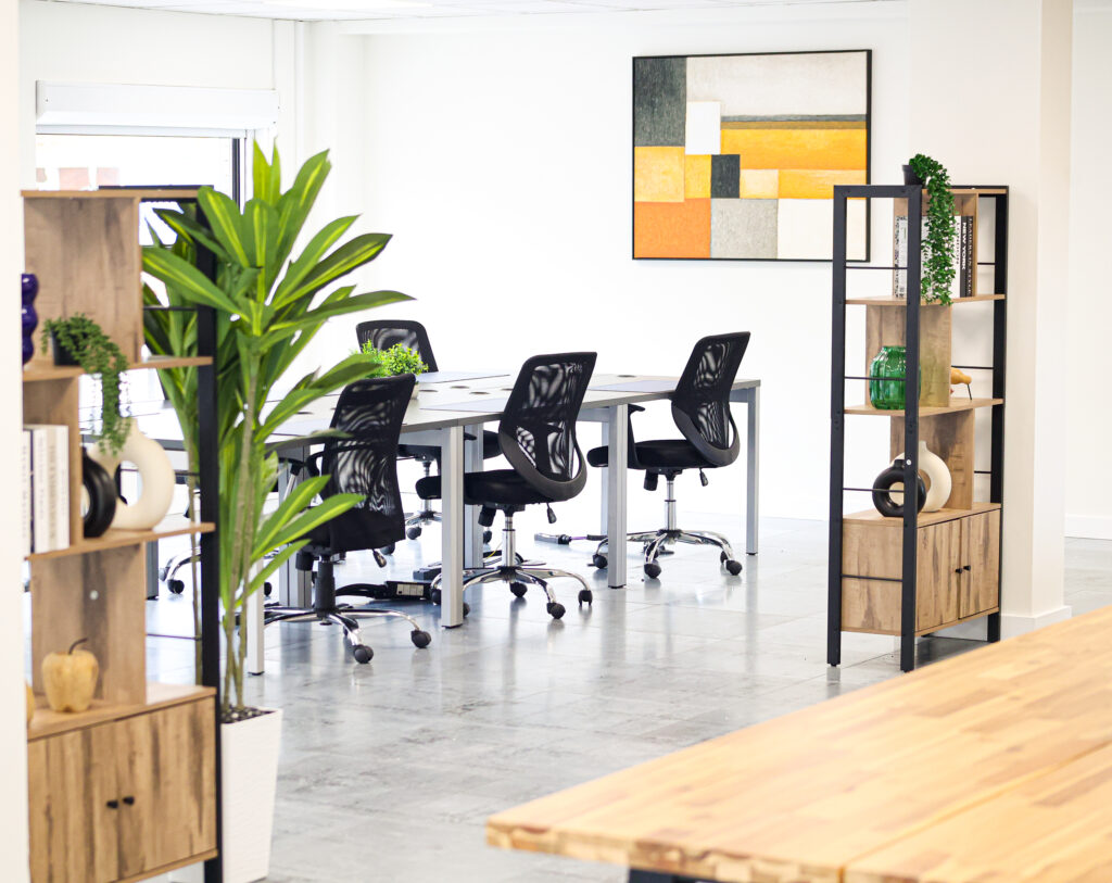Bright, modern serviced office with desks, ergonomic chairs, contemporary furniture and plants, providing a professional workspace for small businesses.